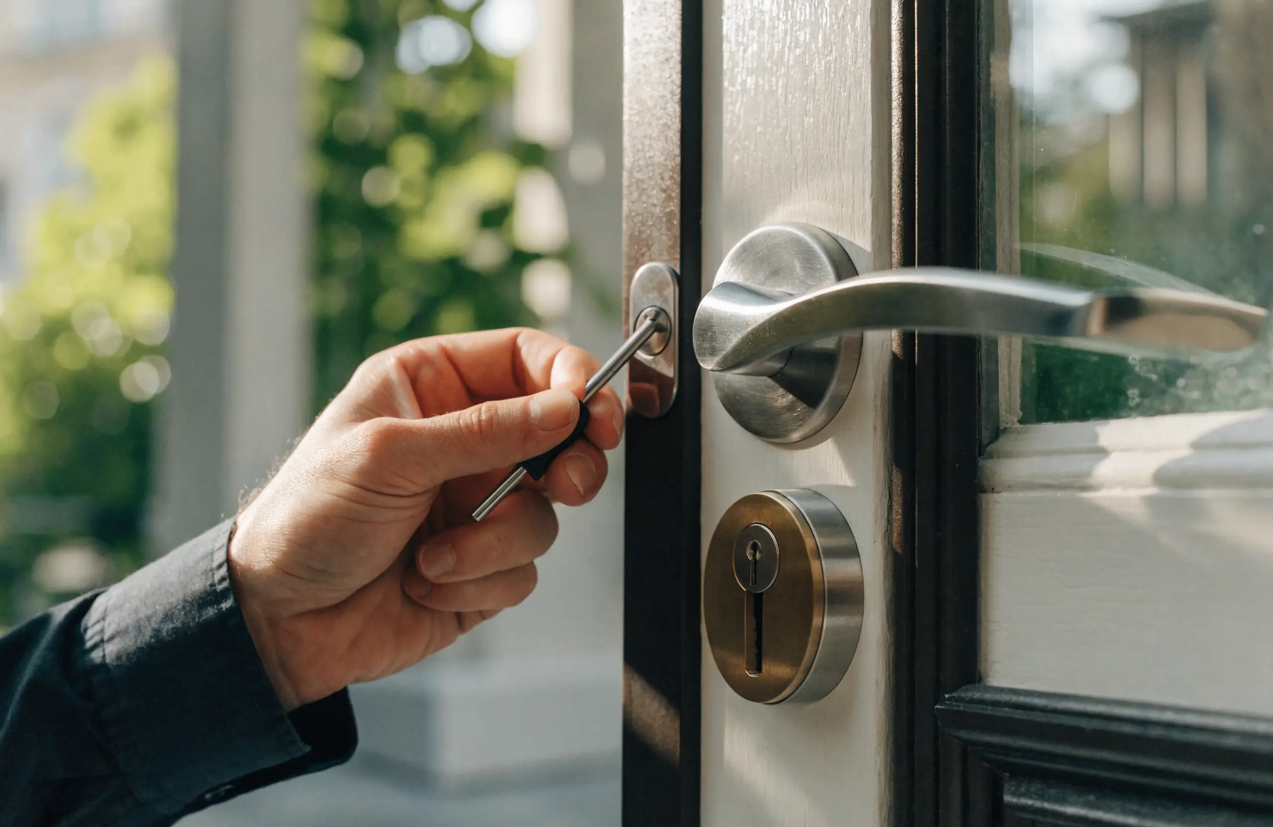 Schlüsseldienst öffnet eine Wohnungstür schonend mit Spezialwerkzeug am Schließzylinder – Türöffnung