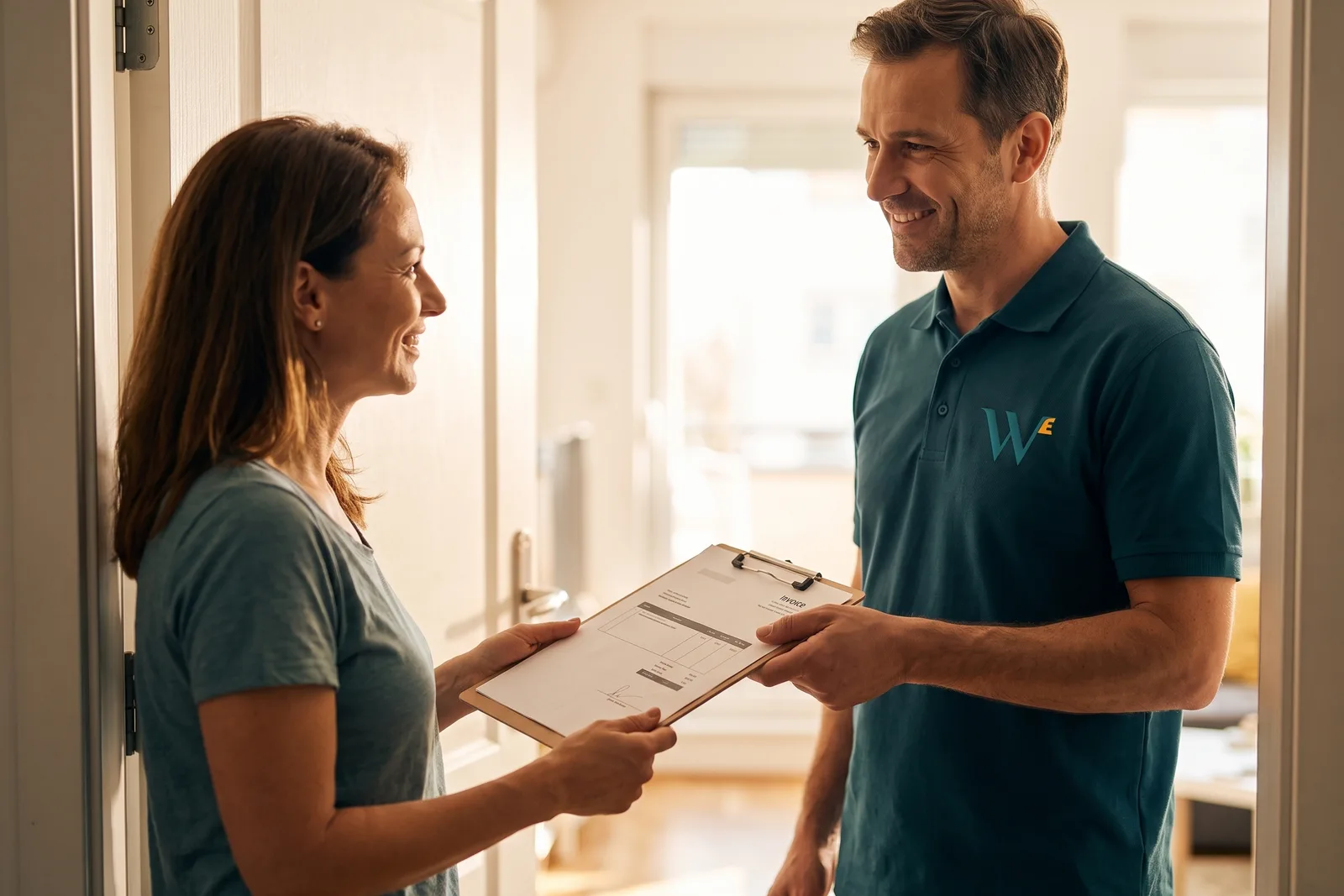 Transparente Schlüsseldienst-Kosten: Techniker übergibt die Rechnung an der Wohnungstür