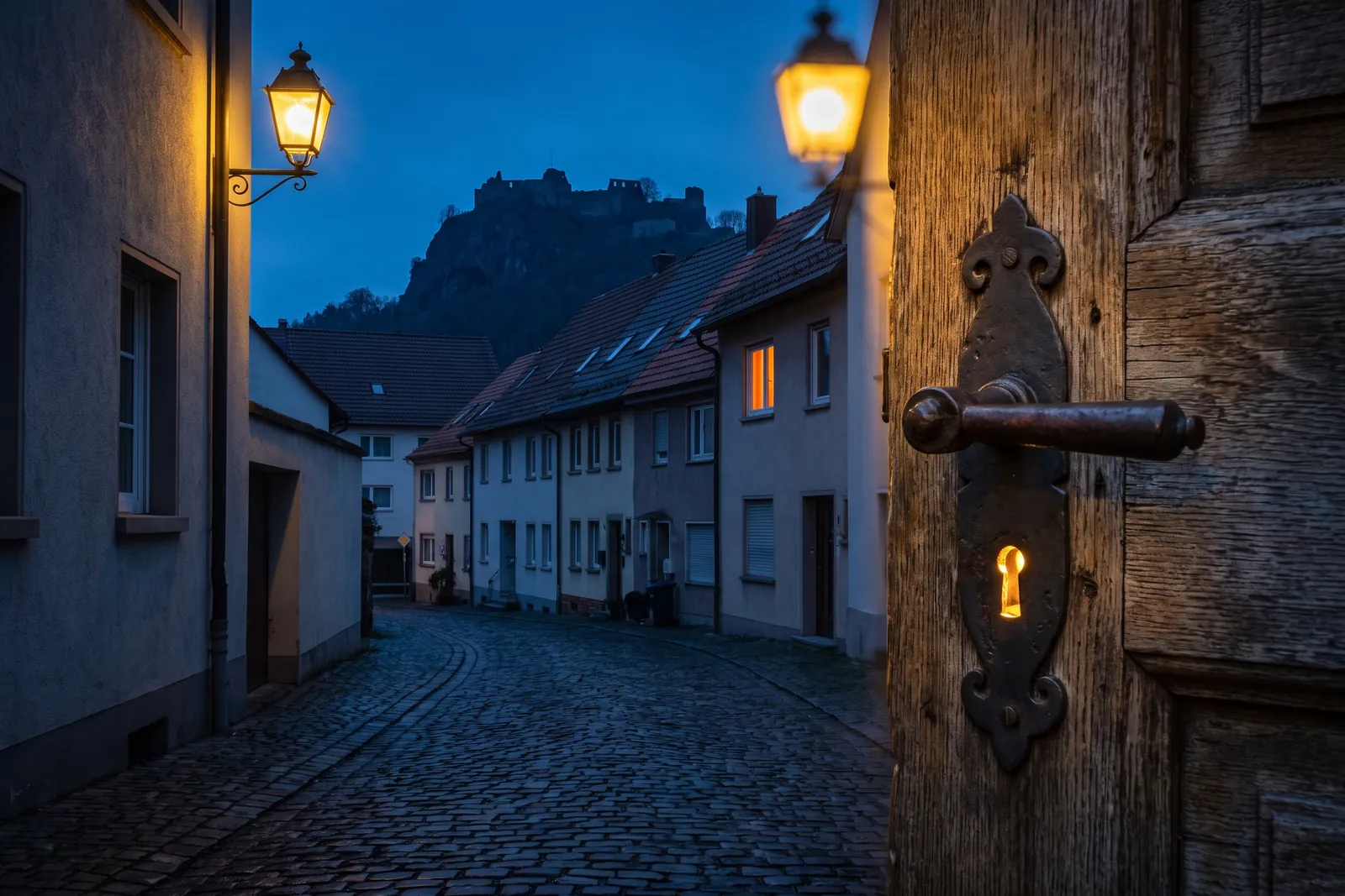 Symbolbild: alte Holztür mit schmiedeeisernem Beschlag, dahinter eine Gasse mit Blick auf die Burgruine auf dem Bergkegel – Einsatzgebiet Schlüsseldienst Singen