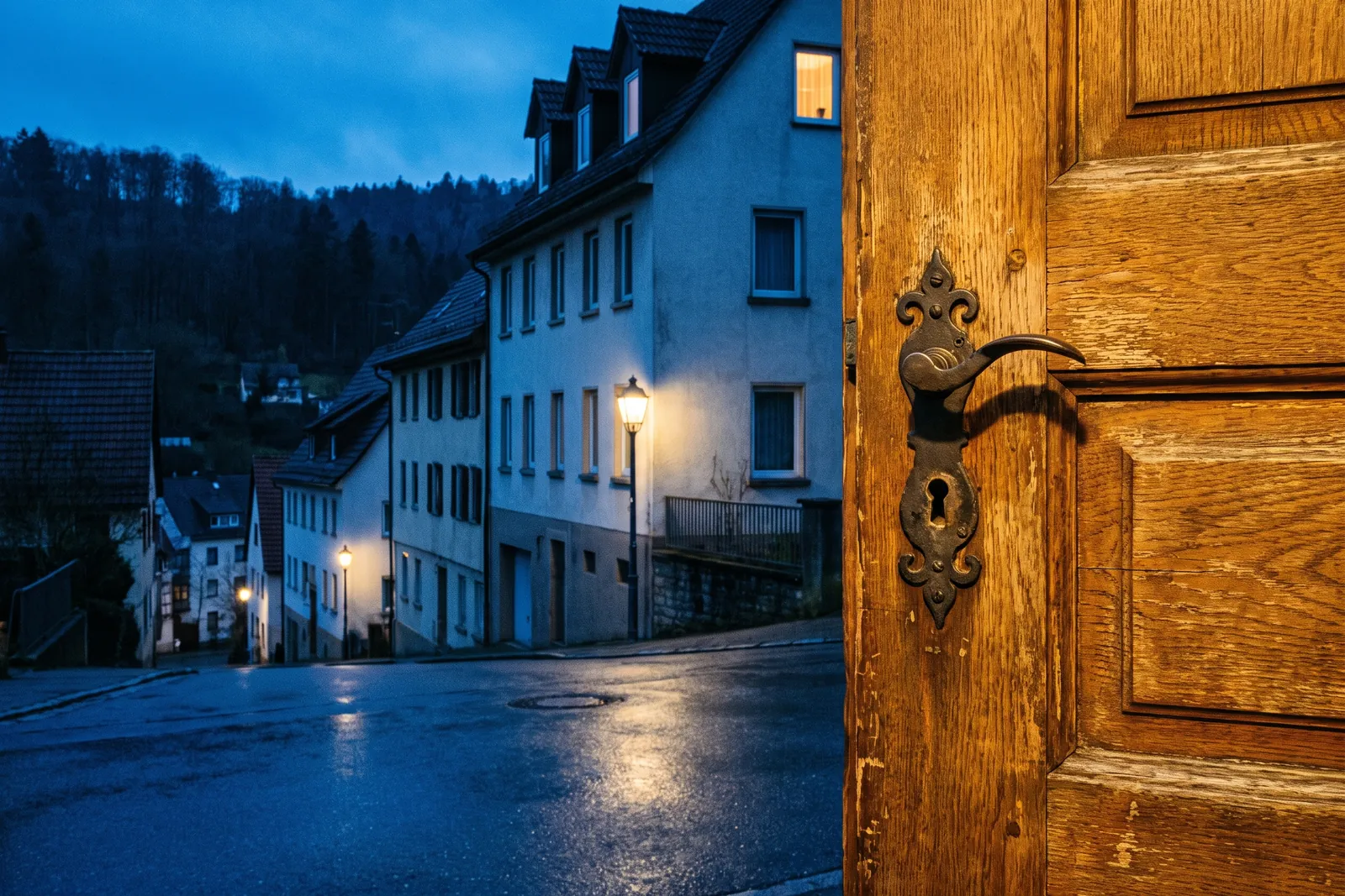 Symbolbild: Eichentür mit schmiedeeisernem Beschlag an einer ansteigenden Straße, bewaldeter Hang im Hintergrund – Einsatzgebiet Schlüsseldienst Albstadt