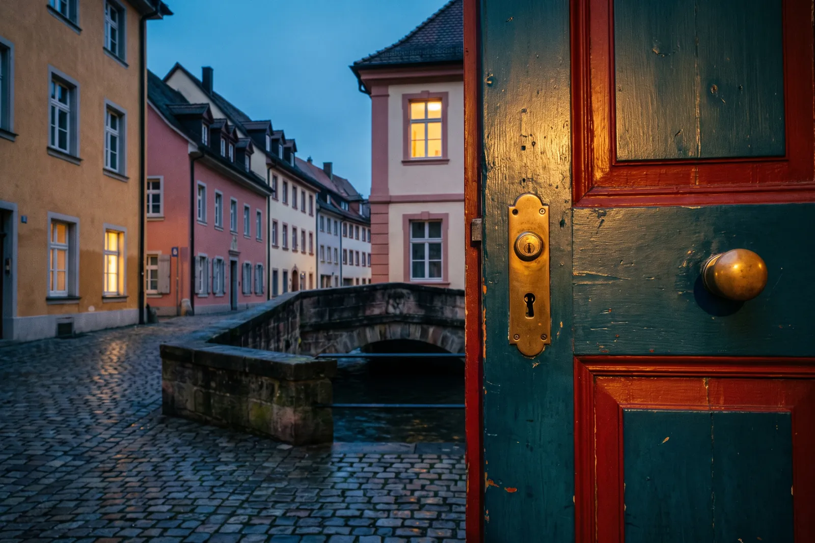Symbolbild: grün gestrichene Haustür mit Profilzylinder, dahinter eine Gasse mit Steinbogenbrücke über den Bach – Einsatzgebiet Schlüsseldienst Donaueschingen