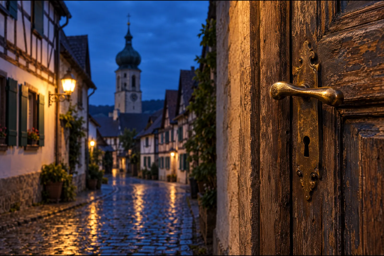 Symbolbild: alte Holztür mit Messingbeschlag an einer Kopfsteinpflastergasse, im Hintergrund ein Kirchturm mit Zwiebelhaube – Einsatzgebiet Schlüsseldienst Stockach